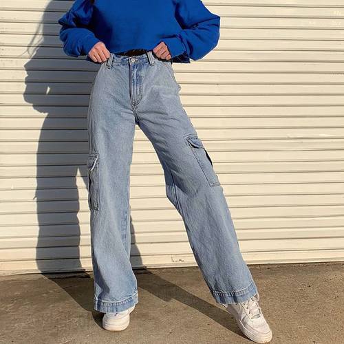High Waist Pockets Jeans Women Blue Cotton Cargo Pants Streetwear Straight Casual Denim Clothing Summer New Style