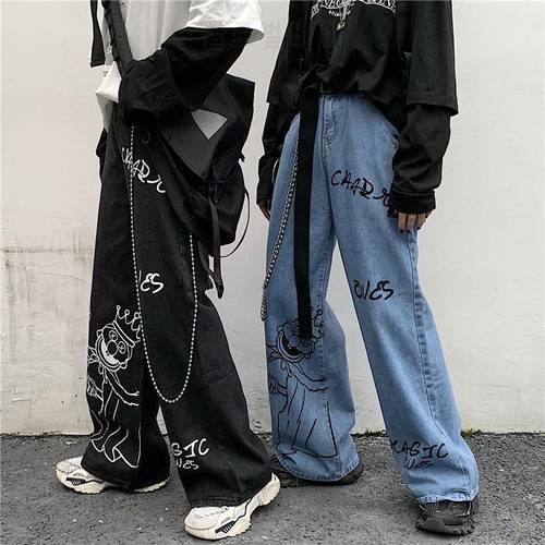 Graffiti printed street jeans women&39s gothic mopping loose wide-leg pants Harajuku street casual all-match jeans trousers women
