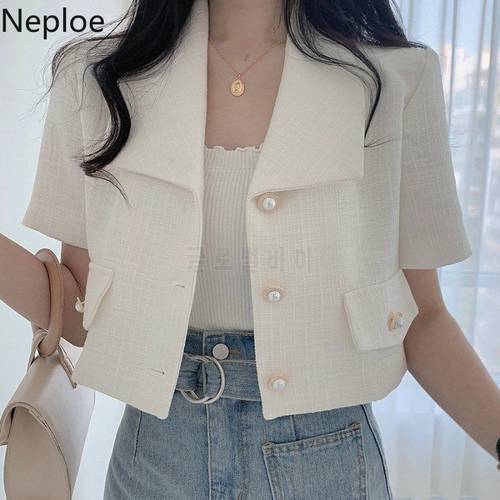 Elegant White Blouses Fashion Y2K Shirts Summer Korean Loose Short Coats Office Lady Single Breasted Crop Tops 2022 Women Blusas