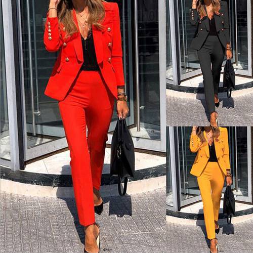 2 Pieces Casual Fashion Women&39s Long Sleeve Suit Collar Fashion Temperament Slim Blazer High Waist Loose Trousers Suit Pants