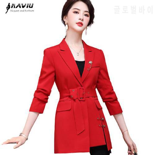 Red Jacket Women Mid Length New Fashion Temperament Casual Sashes Long Sleeve Blazer Office Ladies Foraml Slim Work Coat