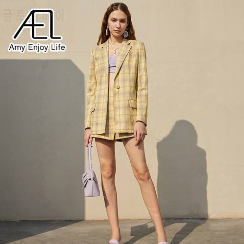 AEL Spring Blazer Women Fashion Yellow Plaid Loose Jacket Coat Basic Ladies Casual Streetwear