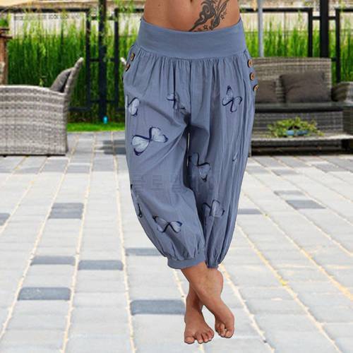 Female Capri Pants Fashion Butterfly Printed Harem Women Summer Buttons Pant for Spring Wide Leg Pants Vintage Pants Streetwear