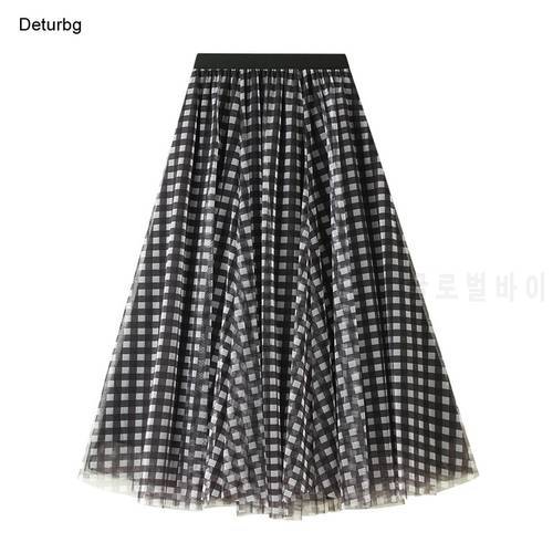Women&39s Vintage Plaid Pattern Tulle Midi Skirt Female High Waist 3 Layer Mesh Pleated A-Line Skirts Faldas 2021 Autumn Sk870