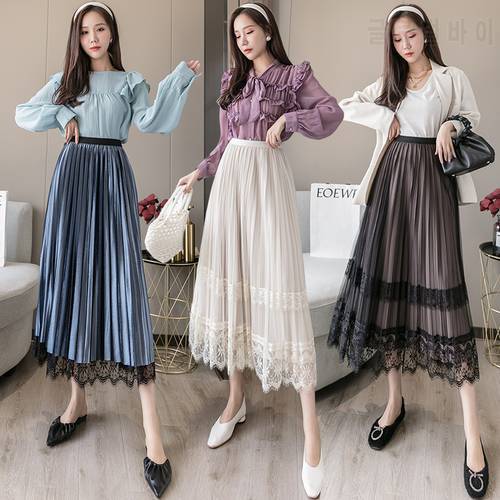 Autumn winter velvet skirts women fashion elastic high waist pleated mesh tull skirts ladies casual long lace party skirts