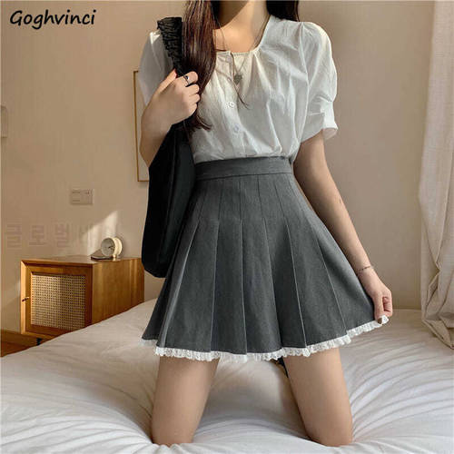 Pleated Skirts Women Trendy Designed Lace Patchwork Summer Mini High Waist Skirt Female Simple Preppy Style All-match Elegant
