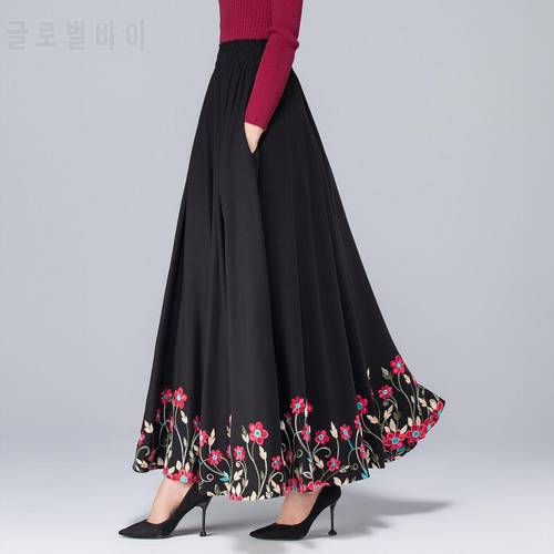 New High Waist Long Skirts Female Elegant Embroidery Cotton Linen Woman Skirt Faldas Loose Vintage A-Line Pleated Skirt Q4609