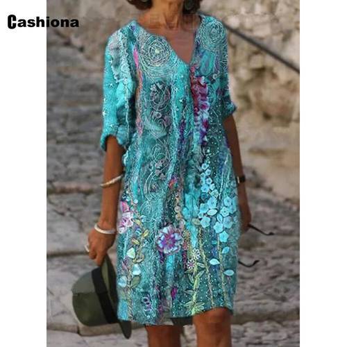 2022 Summer Knee-Length Dress Bohemian Flower Print Party Dresses Women Clothing Half Sleeve Femme Vestidos Robe Dress