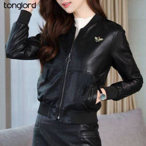 Korea Size 3XL PU Leather Jackets For Women Long Sleeve baseball Jacket Female Solid Zipper Bee EmbroideryFaux Leather Coat