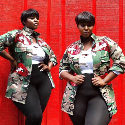 Women&39s Camouflage Coats With Pocket Red Sequins Lips Camo Casual Jackets For Ladies