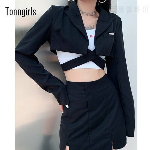 Tonngirls Women Jacket Cool Girl Dark High Waist Cross Tie Coat Spring Autumn Long Sleeve Short Suit Female Punk Short Coats