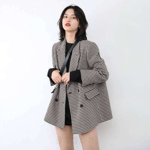 2021 Autumn Casual Houndstooth Blazer Women Long Sleeve Notched Retro Korean Style Elegant Office Lady Outwear Woolen Blazer