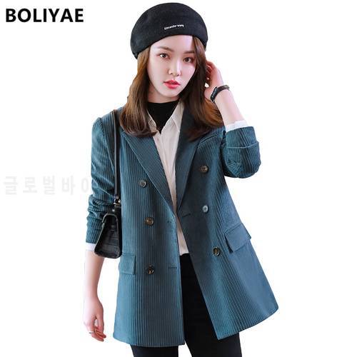 Boliyae Spring and Autumn New Long Sleeve Blazer Women Fashion Loose Double Breasted Striped Jacket Casual Office Coat Suit Tops