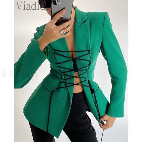 Women Solid Color Lace Up Pocket Design Long Sleeve Slim Blazer Coat