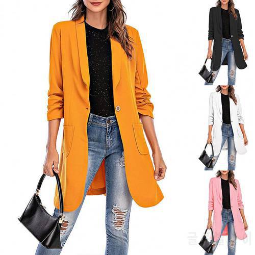 Women Blazer Office Lady Blazer Solid Color Pockets Autumn Winter 3/4 Sleeve One Button Midi Blazer Female Oversized Suit Jacket