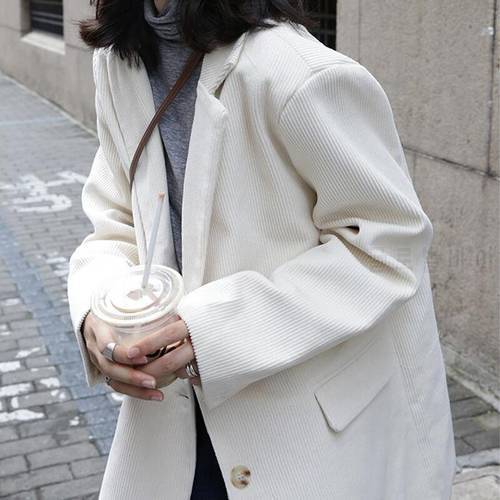 White Corduroy Blazers Women 2021 New Vintage Loose Brown Jacket Spring Autumn Fashion Business Suit Woman