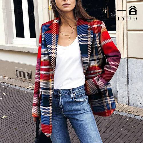 Red Blue Plaid Casual Blazers Women Oversized Mid Length Single Breasted Suits Office Lady Work Wear British Style New Fashion