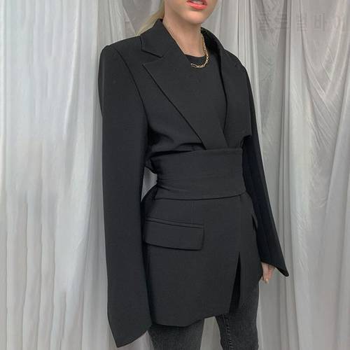 Women Wide Belt Slim Blazer New Lapel Long Sleeve Office Lady Suit Coat 2021 Fashion Autumn High Street Cardigan Lace up Blazers