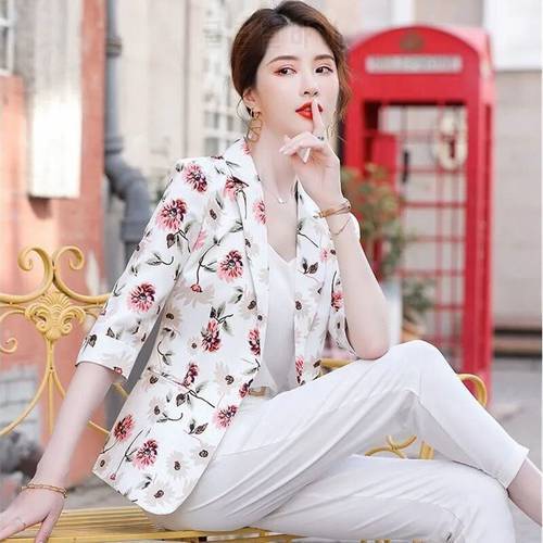 2021 Female Summer Thin Style Fried Street Print Small Suit Jacket Women Korean Style Slim Three-Quarter Sleeve Small Suit A103