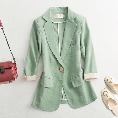 Cotton and linen small Suit Women&39s Jacket Autumn Spring Single button Slim Seven-point sleeve Short Blazers Coat Casual Tops
