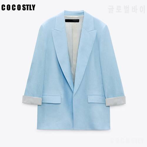 Blue Long Sleeve Woman Blazer 2022 Elegant Pronounced Shoulders Office Lady Blazers Coat Female Chic Flap Pockets Outerwear