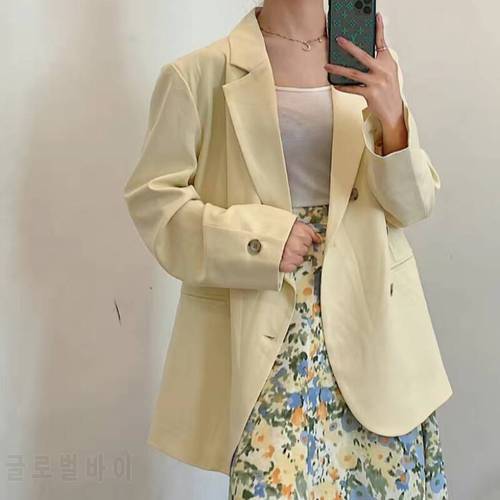 Yellow Blazer 2021 Women 4 Solid Colors Double Breasted Casual Office Blazer Vintage Korean Fashion Simple All-match Spring Fall