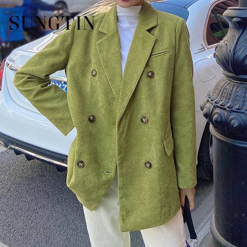 Sungtin Corduroy Double Breasted Oversized Blazer Jacket Women Loose Office Lady Suit Blazer Coat 2022 Korean Chic Solid Outwear