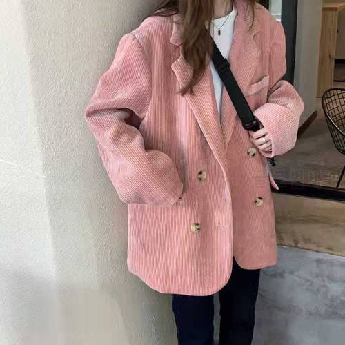 Lucyever Pink Corduroy Blazer Women Casual Loose Double Breasted Women&39s Jackets 2021 Autumn Winter Vintage Coats Top Female