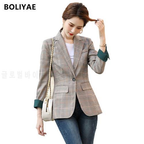 Boliyae 2021 Fashion Business Plaid Suits Women Office Ladies Long Sleeve Spring and Autumn Casual Blazer Za Temperament Jacket