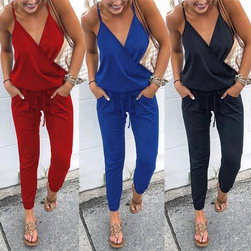 Summer New Arrival Sexy Spaghetti Cross Strap Lace Up Jumpsuits Women V-Neck Solid Casual Sleeveless Pockets Long Romper Female