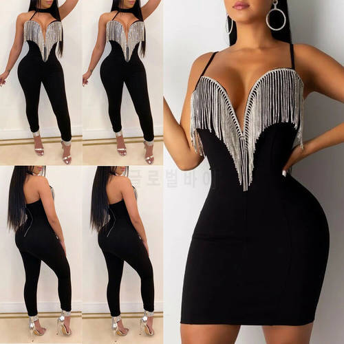 Women Fashion Shiny Tassels Jumpsuit Romper Spring Autumn Sleeveless V Neck Pants Clubwear Trousers Outfit Clothes For Female