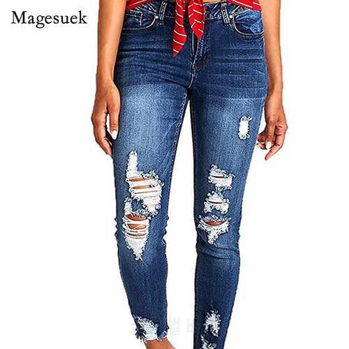 Autumn 2021 New Denim Jeans Cotton Skinny Jeans for Women Pencil Pants High Waist Ripped Washed Jeans Full Length Trouser 16219
