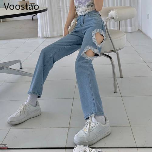 Sweet High Waist Jeans Women Chic Love Heart Ruffles Hollow Out Wide Leg Pants Jeans Female Harajuku Loose Straight Trousers