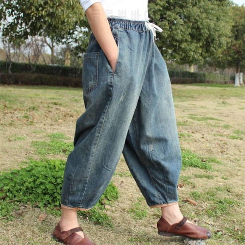 2021 Spring Summer New Arts Style Women Elastic Waist Ankle-length Loose Jeans Vintage Blue Cotton Denim Wide Leg Pants V377