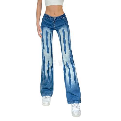 2021 Fashion Women&39s Straight Leg Jeans Fashion Mid Waist Abstract Print Washed Relaxed Fit Denim Pants