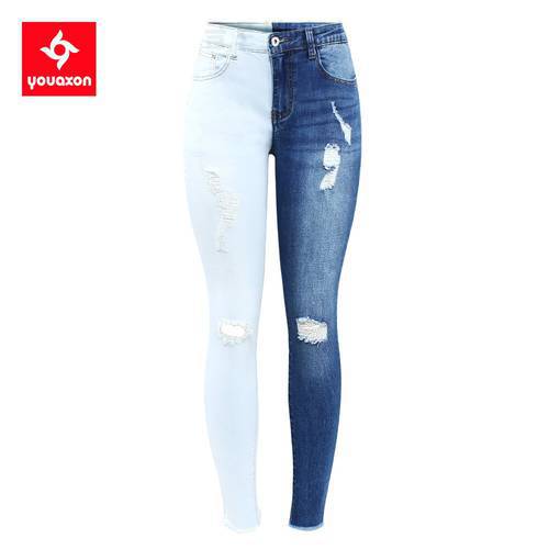 2415 Youaxon Big Size Double Color Patchwork Ripped Knees Jeans Women`s Stretchy Distressed Denim Pants Trousers Jeans For Women