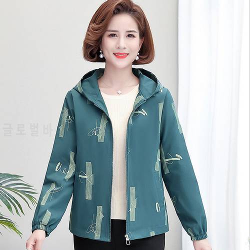 New Middle-Aged Women Spring Autumn Zipper Jacket Tops Print Long Sleeve Hooded Casual Coat For Mother Outerwear