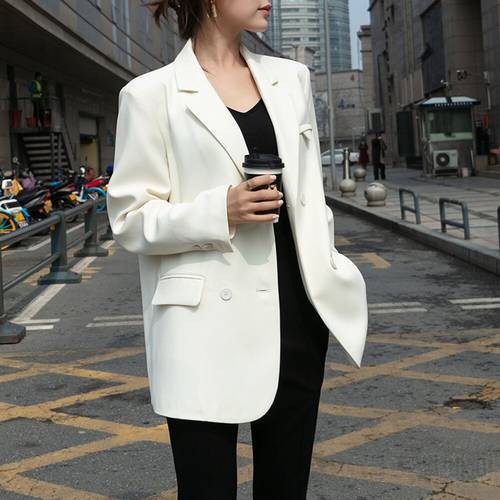 Korean Style Minimalist Girl Blazers Women Elegant Vintage Long Sleeve Milky Female Clothing Double Breasted Fashion Outerwear