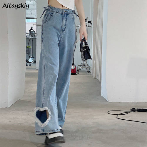 Jeans Women Lovely Hollow-out Design Summer Chic Korean High Waist Girls Denim Trouser Basic Loose Lace Clothing Streetwear Ins