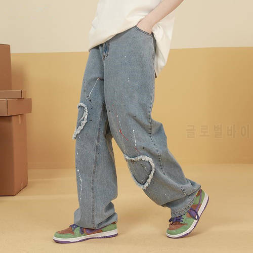 Stickers love summer vintage streetwear high street jeans women hip-hop ins loose trend wide leg pants female super stretch jean