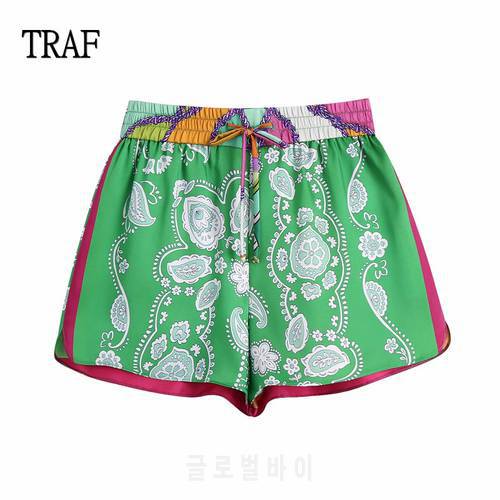 TRAF Women Shorts 2021 Women Summer Print Loose High-Waisted Drawstring Casual Shorts Fashion Woman Shorts Vacation