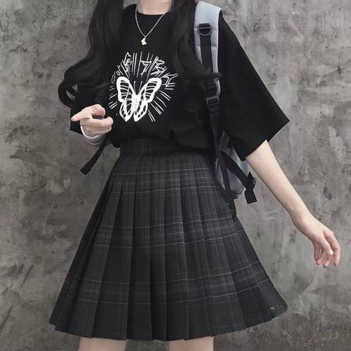 HOUZHOU Preppy Black Plaid Pleated Skirt Women Japanese Fashion School Girl Uniform Kawaii Gothic High Waist Mini Skirt Cute JK