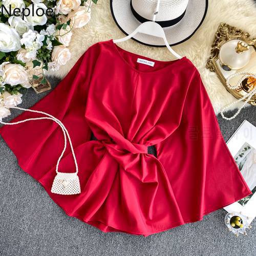 Neploe Ins Slim Waist Lace Up Blouse O Neck Flare Long Sleeve Solid Blusas Autumn Spring 2023 New Slim Fit Pullover Beach Shirt