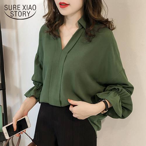 2022 Spring New 4XL Plus Size Long Sleeve Shirt Solid Wild Bottom Shirts Korean Loose Thin Trumpet Sleeves Blouse Women 9359 50