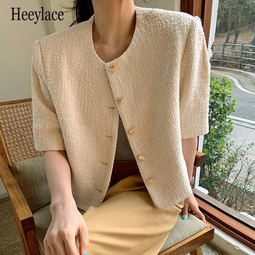 Women Jacket Summer 2021 New Korean Chic Office Lady Gentle Round Neck Love Buttons Loose Casual Female Short-Sleeved Tweed Tops