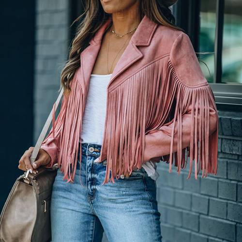 Faux Suede Jacket Women&39s Motorcycle Lapel Handsome Jacket Fall 2020 Ladies Solid Fringed Short Coat Women Jackets