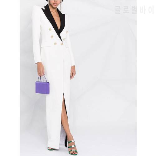 Elegant Black White Hit Color Suit Collar Suit Dress 2021 New Arrival Chic Double Breasted Charm Deep V Women Dress For Spring