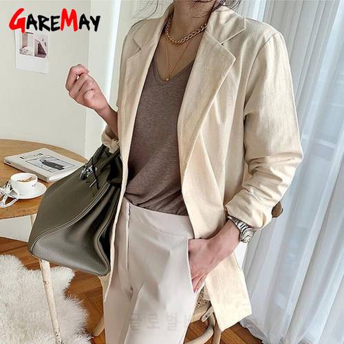 Autumn Cotton Linen Blazer Women Jackets Casual Pocket Loose Elegant Female Office Suit Blazers Coat Solid Khaki Outwear Tops