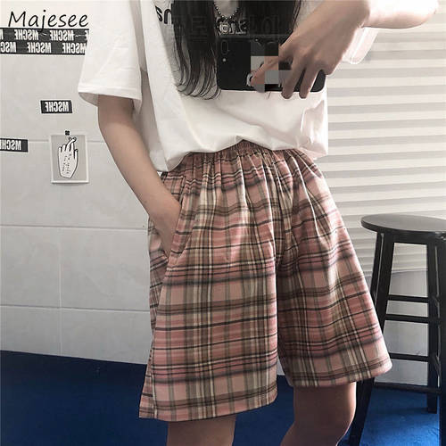 Plaid Shorts Women Summer New Casual Vintage High Waist Elastic Preppy Style BF Loose Students Harajuku Streetwear Korean Ins