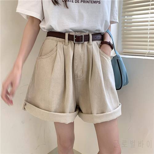 Vintage Rolled Women&39s Denim Shorts 2021 New High Waist Shorts Casual Loose Fashion Wide Leg Apricot Short Jeans Girl
